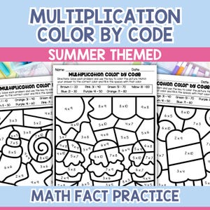 Summer Activities for Kids Multiplication Color by Number Worksheets Math Fact Practice Workbook 3rd