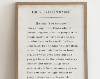 The Velveteen Rabbit Quote Childrens Literature Wall Art Print and Decor for Kids Room Playroom and Baby Nursery