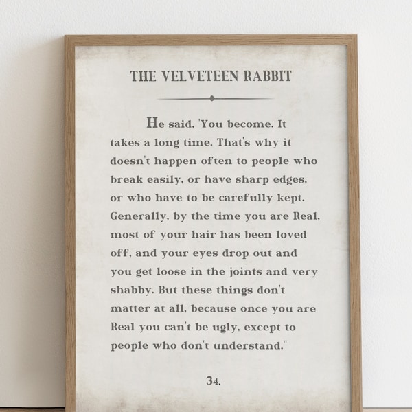 The Velveteen Rabbit Quote Childrens Literature Wall Art Print and Decor for Kids Room Playroom and Baby Nursery