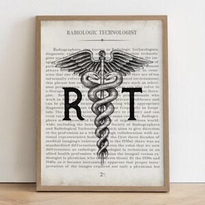 May include: A black and white vintage illustration of a medical caduceus with the text "RT" in the center. The text "RADIOLOGIC TECHNOLOGIST" is at the top of the image. The image is printed on a cream-colored background.