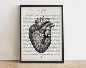 May include: Black and white anatomical illustration of a human heart, framed in a black border. The heart illustration is set against a backdrop of aged, vintage-style text. The text at the top reads "THE HEART".