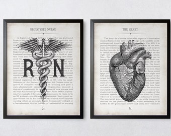 RN and Heart Vintage Anatomy  Art Print Set of 2 Unique Nursing Retirement Gift Graduation Gift & Office Decor