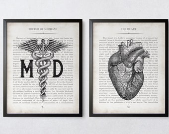 Doctor Gift MD & Heart Vintage Anatomy  Art Print Set of 2 Doctor Office Waiting Room and Exam Room Wall Decor