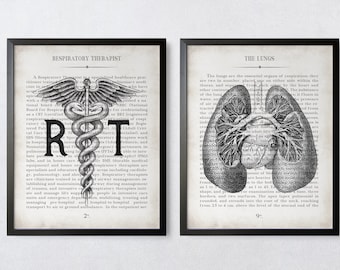 Respiratory Therapist Gift RT and Lungs Vintage Anatomy  Art Print Set of 2 Respiratory Therapy Gift