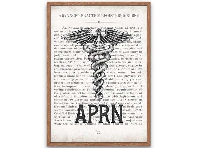 May include: A black and white illustration of a medical caduceus with a text overlay that reads "ADVANCED PRACTICE REGISTERED NURSE" and "APRN". The text describes the role of an Advanced Practice Registered Nurse.