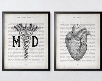 Doctor Gift MD and Heart Vintage Anatomy  Art Print Set of 2 Unique Medical Student White Coat Ceremony Gift