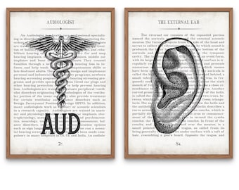 Audiology Gift AUD and Ear Vintage Anatomy  Art Print Set of 2 Audiologist Audiology Graduation Gift