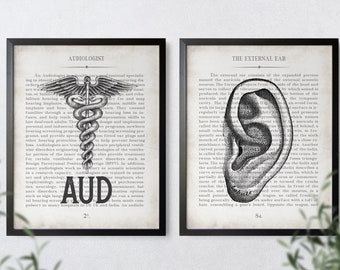 AUD Ear Vintage Anatomy  Art Print Set of 2 Hearing Doctor Audiology Audiologist Graduation Gift & Office Decor