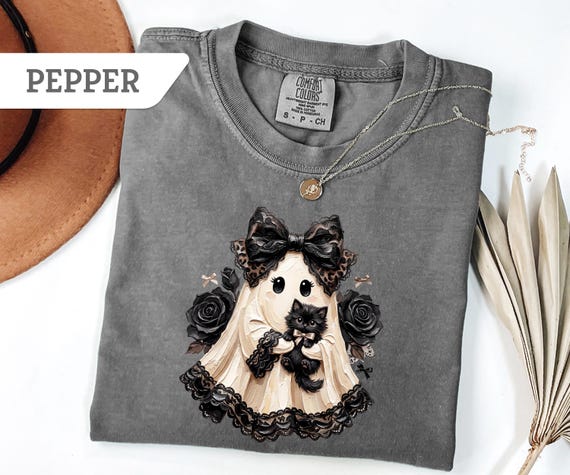 Comfort Colors® Gothic Halloween Ghost T-Shirt, Coquette Lace Spooky Ghost Sweatshirt, Cute Cat Mama Halloween Shirt, Cute Halloween Gift