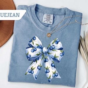 Comfort Colors® Coquette Bows T-Shirt, Blueberry Bow Shirt, Floral Blu Bow Tee, Ribbon Shirt, Blue Ribbon Shirt, Cute Trendy Coquette Shirt