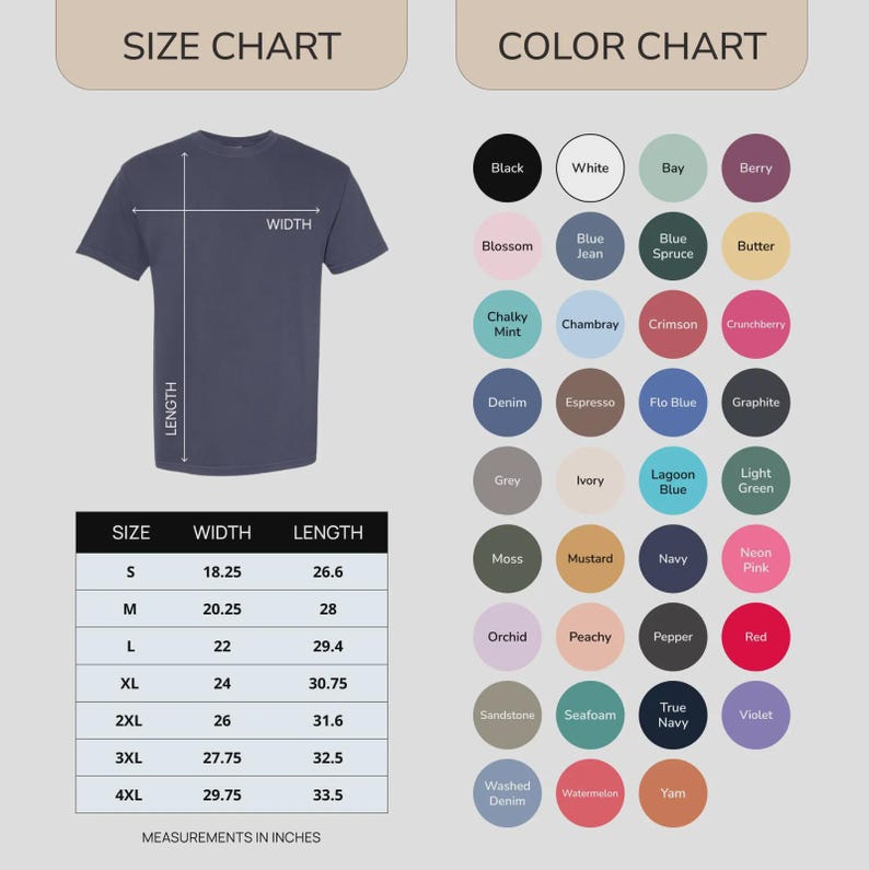 May include: A navy blue t-shirt with a size chart and color chart. The size chart shows measurements in inches, with the width ranging from 18.25 to 29.75 inches and the length from 26.6 to 33.5 inches. The color chart displays various colors.