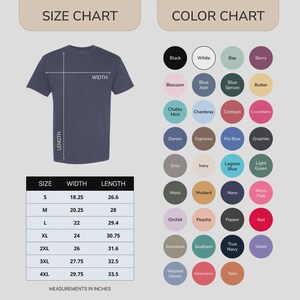 May include: A size and color chart for a t-shirt. The left side shows a dark grey t-shirt with width and length indicators and a table listing sizes S through 4XL with measurements in inches. The right side displays a grid of 32 colored circles.