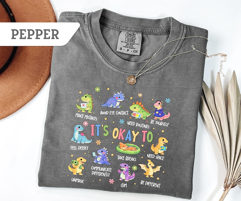 May include: Pepper-colored t-shirt with a dinosaur graphic and the text "It's Okay To." The graphic features colorful dinosaurs with phrases like "Make Mistakes" and "Be Yourself." A silver necklace with a pendant is draped on the shirt.