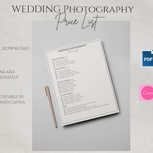 Wedding Photography Price List Template | Template Photographer Editable Price List PDF Canva | Instant Download PDF Canva