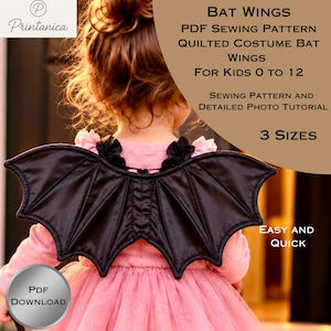 May include: A PDF sewing pattern for quilted bat wings for children aged 0 to 12. The image shows black fabric bat wings worn over a pink dress, with text reading: BAT WINGS, PDF SEWING PATTERN, QUILTED COSTUME BAT WINGS FOR KIDS 0 TO 12, 3 SIZES.