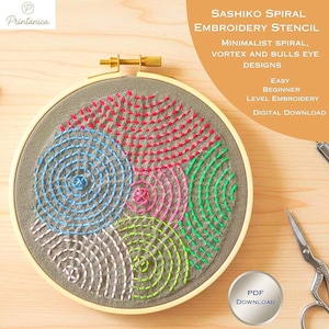 May include: An embroidery hoop featuring a spiral design in red, blue, green, pink, and white thread. The text on the image reads "Sashiko Spiral Embroidery Stencil" and "PDF Download."