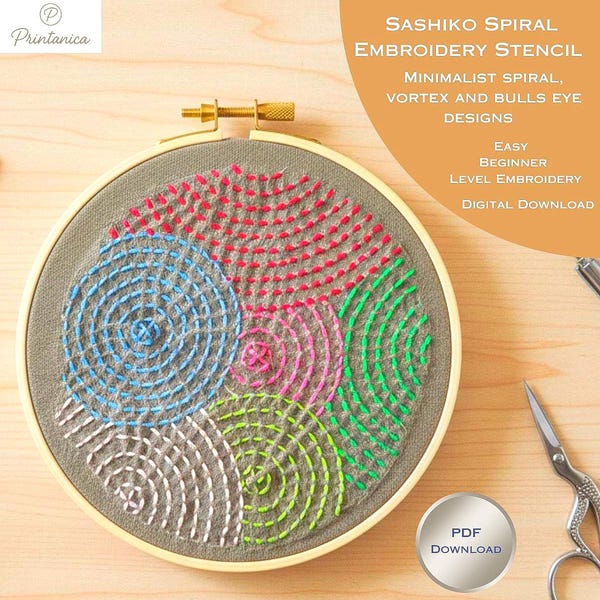 Sashiko Stencils - 8 Spiral Embroidery Patterns (PDF Download) - Adjustable Size