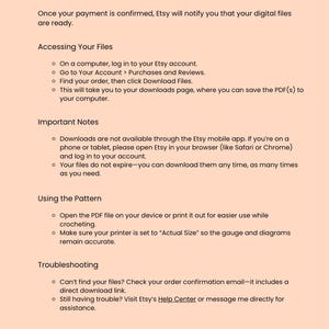May include: A peach-colored document with the title "How to Download Your Purchase." The text provides instructions on accessing and using digital files purchased on Etsy, including troubleshooting tips and notes about the Etsy mobile app.