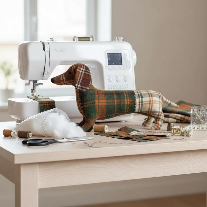 May include: A handmade dachshund dog plushie made of plaid fabric sits on a table next to a white sewing machine. The dog has brown, green, and cream-colored plaid patterns. Sewing supplies, including thread spools and scissors, are also on the table.