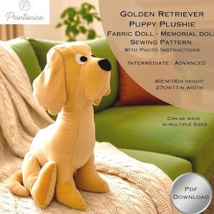 Op de afbeelding: Een gouden retriever puppy knuffel, ongeveer 40 cm hoog en 27 cm breed. De pop heeft zwarte ogen en een zwarte neus. De afbeelding bevat tekst die luidt "Golden Retriever Puppy Plushie" en "Sewing Pattern".