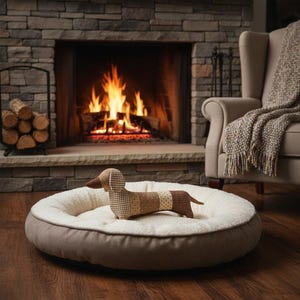May include: A round dog bed with a brown and white exterior and a soft, cream-colored interior. A stuffed dachshund toy with a patchwork design rests on the bed. The background features a fireplace with a burning fire, a chair, and a blanket.