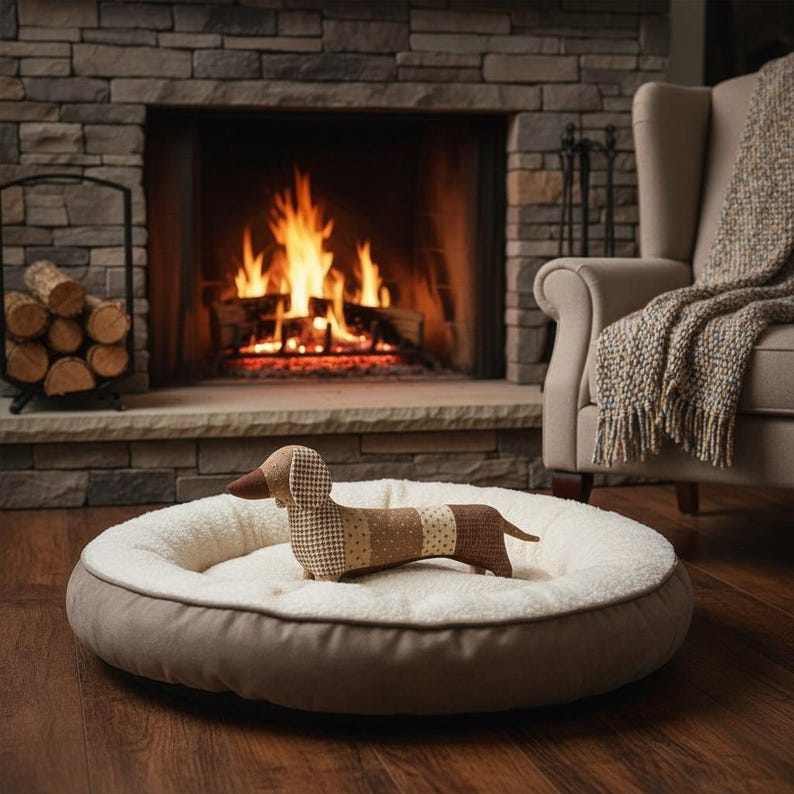 May include: A round dog bed with a brown and white exterior and a soft, cream-colored interior. A stuffed dachshund toy with a patchwork design rests on the bed. The background features a fireplace with a burning fire, a chair, and a blanket.