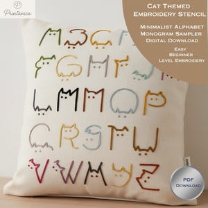 猫の刺繍アルファベットパターン - ミニマリスト猫の刺繍パターン - 印刷可能なスティック＆ステッチテンプレート - サイズ調整可能（PDFダウンロード）