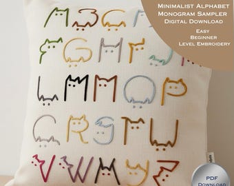 Cat Embroidery Alphabet Patterns - Minimalist Cat Embroidery Patterns - Printable Stick and Stitch Template - Adjustable Size (PDF Download)