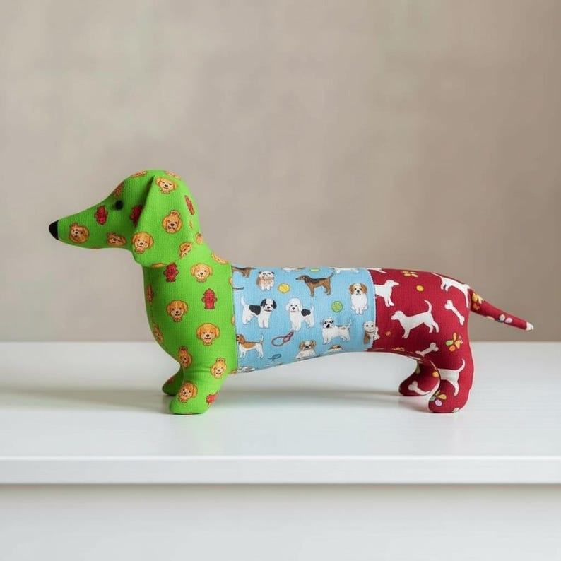 May include: A stuffed dachshund dog toy with a green head and front legs patterned with yellow dog faces and red fire hydrants. The middle section is blue with various dog breeds, and the rear section is red with white dog silhouettes.