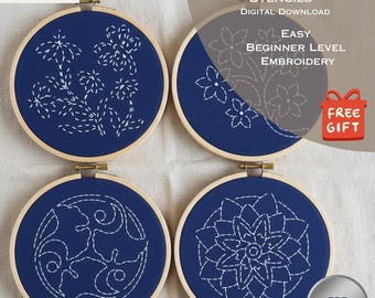 Sashiko Stencils - 12 Floral Embroidery Patterns (PDF Download) - Adjustable Size - Free gift with purchase!