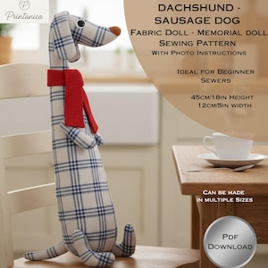 Könnte beinhalten: Eine Stoff-Dackel-Puppe, 45 cm hoch und 12 cm breit, mit einem blau-weiß karierten Muster. Sie hat einen roten Schal und eine braune Nase. Das Bild enthält den Text "Dachshund - Sausage Dog Fabric Doll - Memorial Doll Sewing Pattern".