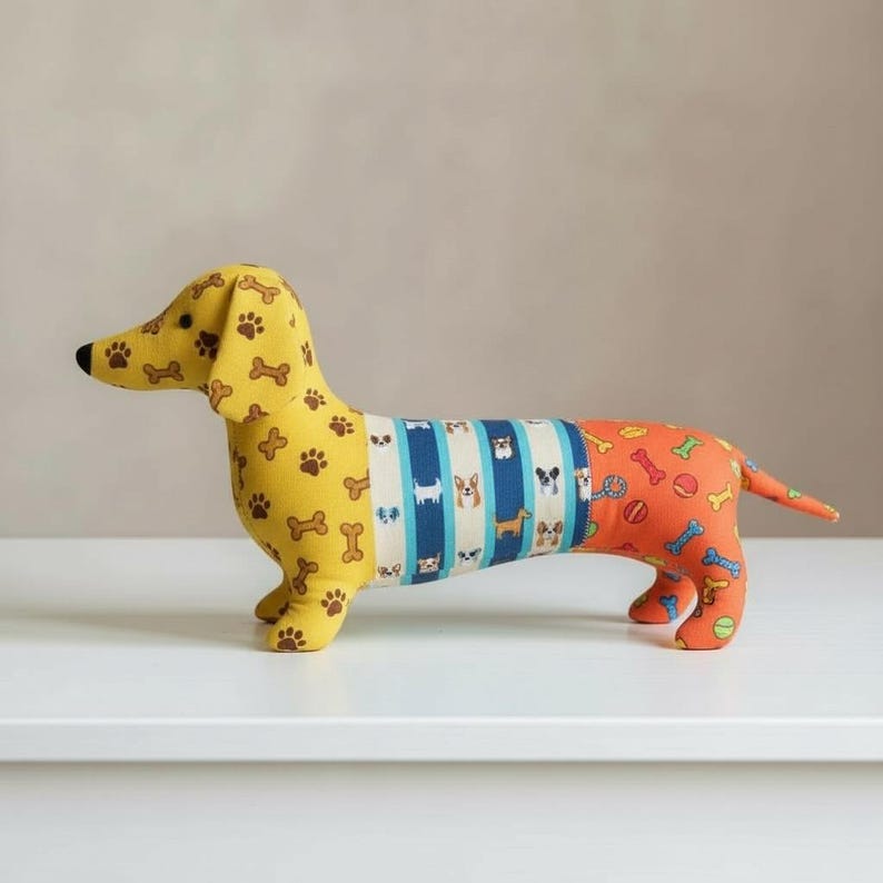 May include: A stuffed dachshund dog toy with a yellow body patterned with brown paw prints and bones. The middle section has blue and white stripes with dog illustrations. The rear section is orange with bone and ball patterns.