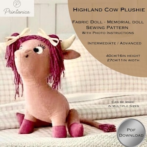 May include: A plush Highland cow doll with pink and cream tones, featuring a pink mane, hooves, and tail. The doll has cream-colored horns and is 16 inches tall. The image also includes text that says "Highland Cow Plushie" and "Sewing Pattern".