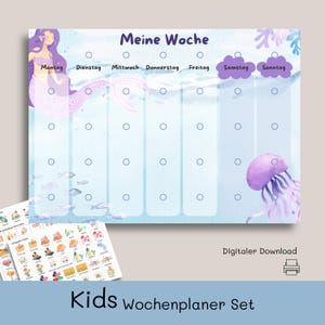 Plano semanal para crianças, plano semanal sereia, planejador familiar para crianças, plano semanal Montessori, planejador de rotina infantil