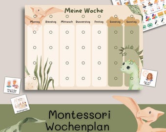 Weekly planner for children, dinosaur-themed weekly planner, Montessori weekly planner, children's routine planner, family weekly overview, children's activity planner
