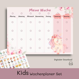 Plano semanal para crianças, plano semanal unicórnio, planejador familiar para crianças, plano semanal Montessori, planejador de rotina infantil, visão geral semanal para famílias