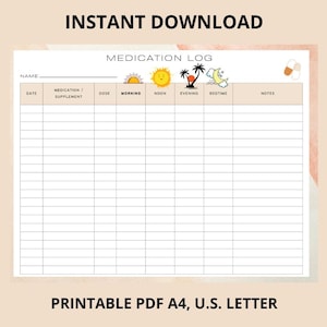 Registro de medicación imprimible en PDF (tamaño A4 y carta) / Registro de medicación minimalista con iconos / Descarga digital para el seguimiento de pastillas