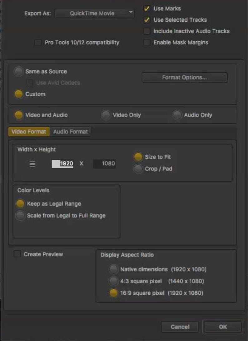 K&ouml;nnte beinhalten: Ein Screenshot eines QuickTime Movie-Export-Einstellungsfensters. Das Fenster zeigt Optionen f&uuml;r Video- und Audioformat, Farbpegel, Anzeige-Seitenverh&auml;ltnis und andere Einstellungen. Die Breite und H&ouml;he des Videos sind auf 1920 x 1080 Pixel eingestellt.