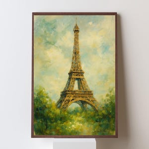 Puede incluir: Pintura al óleo de la Torre Eiffel en París, Francia, enmarcada en madera oscura. La torre es de color marrón dorado, sobre un fondo de cielo nublado y follaje verde. La obra de arte tiene una estética vintage.