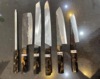 Handmade 1095 Carbon Steel Kitchen Knife Set | 6-Piece Chef Knife Collection | Custom Resin Handle Knives | Artisan Forged Cooking Gift