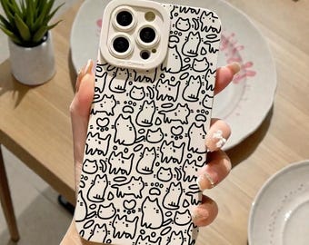 Etui na telefon z czarnym kotkiem i szkicem kota do iPhone'a 16–11 Pro Max Mini