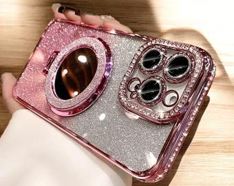 Luksusowe, błyszczące etui MagSafe na iPhone'a – diamentowo przezroczyste, lustrzane etui z podstawką do iPhone'a 11 12 13 14 15 16 Pro Max – magnetyczny uchwyt, miękki zderzak