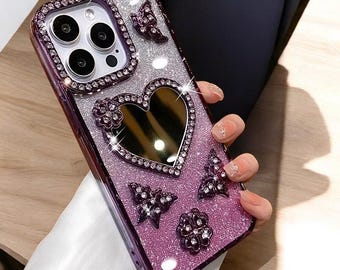 Błyszczące etui na telefon z lustrzanym wykończeniem w kształcie serca z kryształkami – motylkowe etui