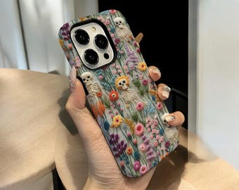 Etui na iPhone'a z haftowaną czaszką: kwiatowy wzór szkieletu, twarda skorupa