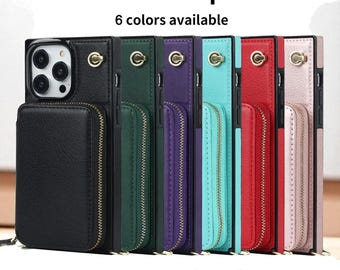 Etui na iPhone'a z zamkiem błyskawicznym RFID, skórzany portfel, uchwyt na karty i podstawka