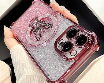 Etui na iPhone'a z podstawką w kształcie motyla – powlekany silikon, wykończenie brokatowe