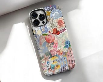 Etui na telefon z kolażem podróżniczym, znaczki miejskie na iPhone'a i Samsunga, sztuka wakacyjna