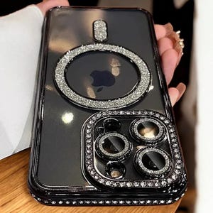 Coque transparente diamant pailletée pour iPhone 16 15 14 13 12 11 - Pare-chocs magnétique scintillant - Étui de recharge sans fil de luxe pour fille
