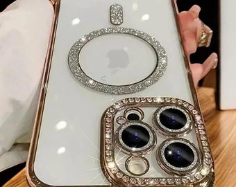 Etui z brokatowym diamentem i przezroczystym wzorem na iPhone'a 16 15 14 13 12 11 – lśniący magnetyczny bumper – luksusowe etui z funkcją ładowania bezprzewodowego dla dziewczynek