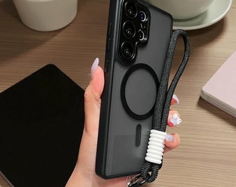 Matowe, półprzezroczyste etui MagSafe ze smyczą do Samsung Galaxy S25 S24 S23 Ultra Plus FE, wstrząsoodporne etui magnetyczne na telefon